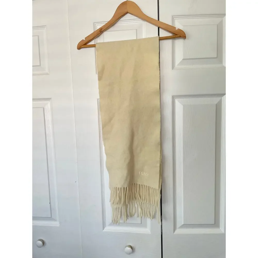 Fendi Cream Fringe Embroidered Scarf • Minimalist